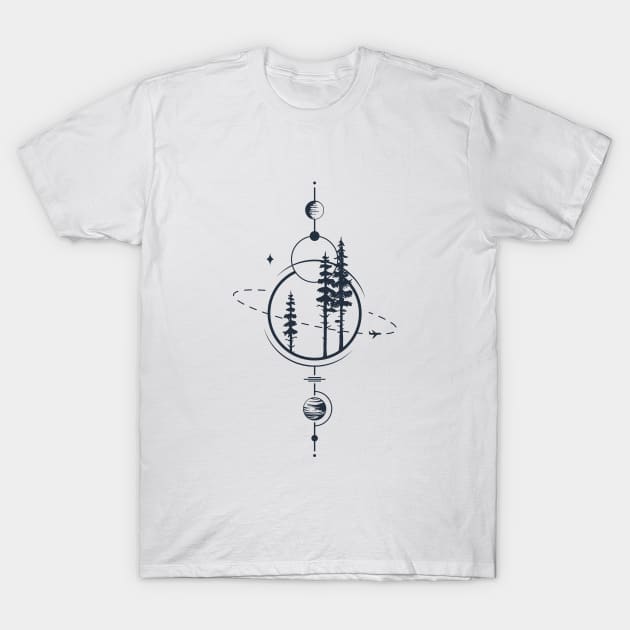 Forest, Airplane And Planets. Geometric, Line Art Style T-Shirt by SlothAstronaut